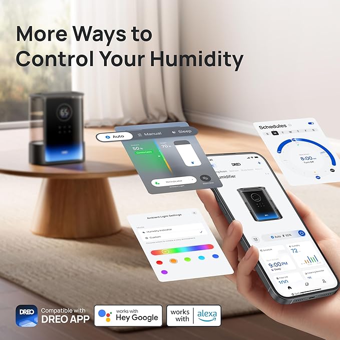 Dreo 8L Smart Humidifiers for Bedroom 600ft², 80H Runtime Warm&Cool Supersized Mist Humidifier for Large Room Indoor, Quiet Whole House humidifier for Baby, Plants, with Alexa/Google, Black, HM717S-CubbioJoy