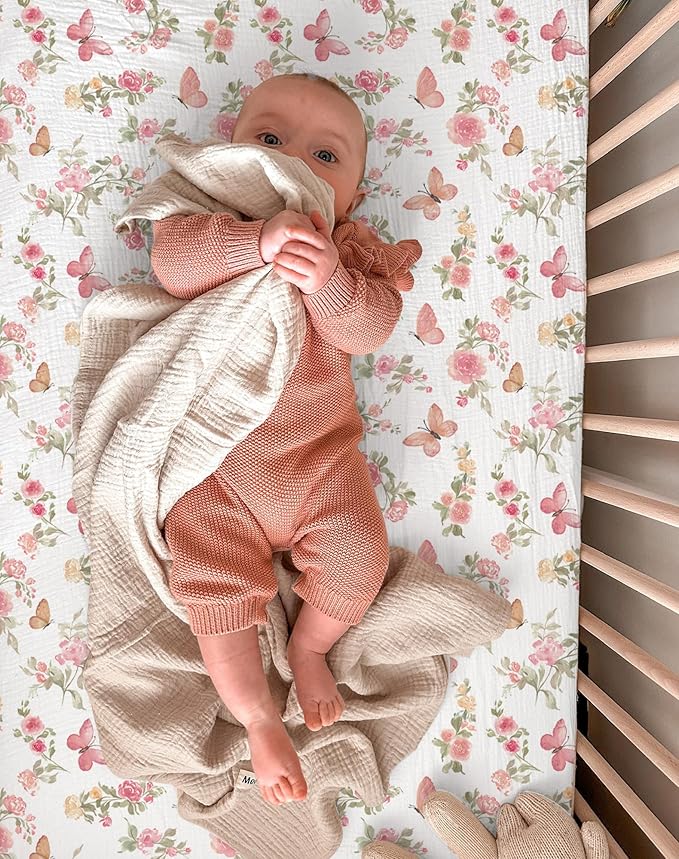 Bassinet Sheet for Baby Boy and Girl 2 Pack, Fitted Sheets for Rectangle, Oval, Hourglass Bassinet Mattress, Muslin Moses Basket Sheets with Neutral Style (Butterfly & Beige)-CubbioJoy