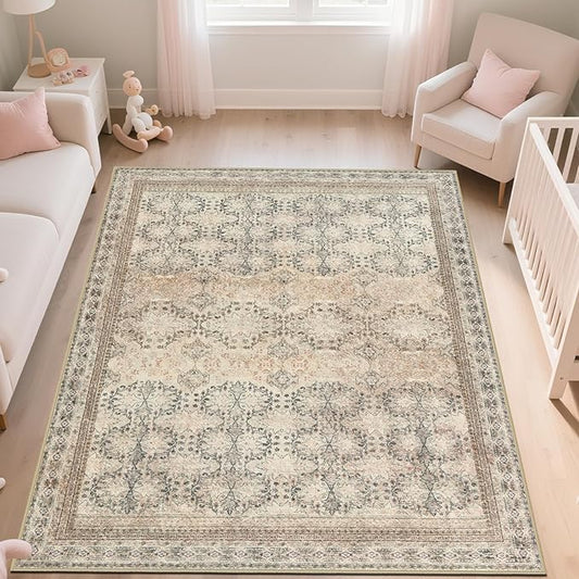 6x9 Washable Area Rug Non Slip, Thin Vintage Floral Living Room Rug Low Pile, Indoor Large Distressed Print Carpet for Bedroom, Dining Room, Farmhouse, Home Office, College Dorm Beige/Pink/Orange-CubbioJoy