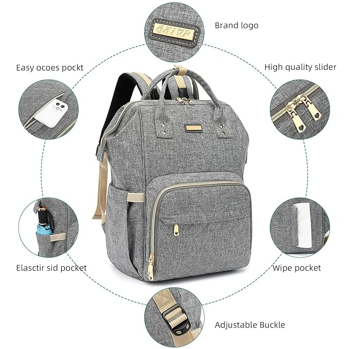 Diaper Bag Backpack, Diaper Bags for Baby Girls Boys, Baby Bags for Moms Dads, Nappy Changing Bag with Insulated Pockets,Multi-functional Waterproof Backpack with Stroller straps - Grey-CubbioJoy