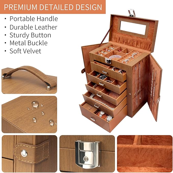 6 Tier Jewelry Box, Jewelry Case with 5 Drawers, Large Storage Capacity, with Mirror, Lockable, Jewelry Storage Organizer, Gift for Loved Ones-CubbioJoy
