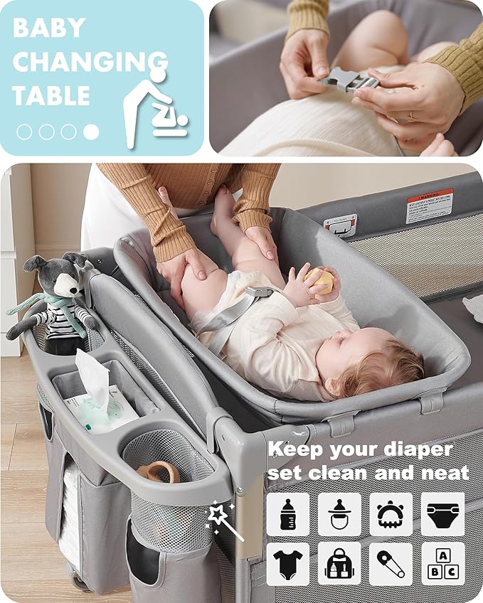 AirClub 4 in 1 Baby Bassinet Bedside Sleeper, 4 Functions Crib, Playard, Portable Changing Table, Bassinet for Newborn Baby, Bedsaide Bed w/Wheels&Brakes-CubbioJoy