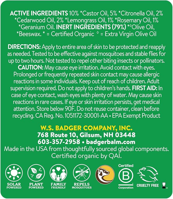 Badger Bug Repellent, Easy to Use Travel Stick, DEET-Free Mosquito Repellent & Insect Protection, Certified Organic Essential Oil Balm-CubbioJoy