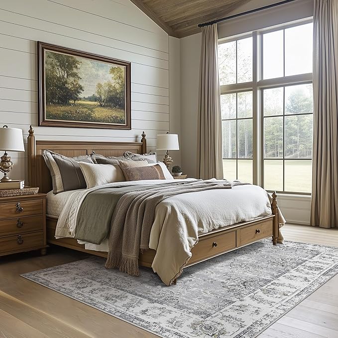 jinchan Vintage Floral 5x7 Area Rugs for Bedroom - Machine Washable Distressed Design Stain Resistant Boho Carpet Ultra-Thin Low Pile Non-Slip Rug for Living Room Dining Room Kitchen (5‘x7',Grey)-CubbioJoy