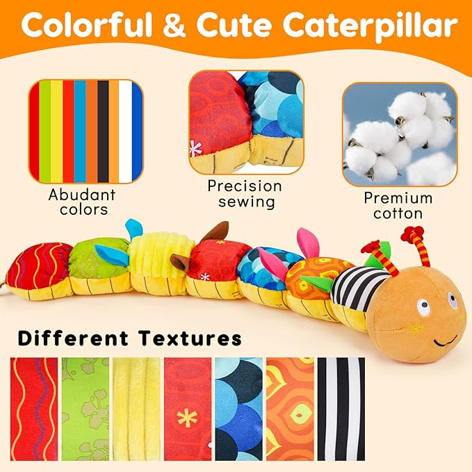 Baby Sensory Caterpillar Toys 0-3 Month Music Animal Stuffed Plush Toy for Infant 0-3-6-12 Month Tummy Time with Crinkle Rattle for Newborn 9-12 Month Texture Toy for Boy Girl Birthday Shower 1-CubbioJoy