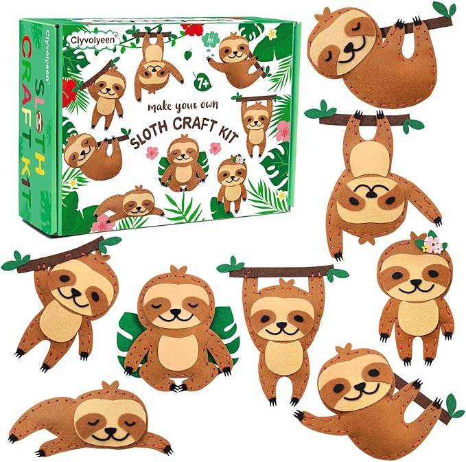 CiyvoLyeen Sloth Sewing Craft Kit Jungle Animal DIY Craft Sewing Kit for Girls and Boys Educational Sewing Kits for Kids Age 8 9 10 11 12 Craft Kit Includes 8 Projects-CubbioJoy