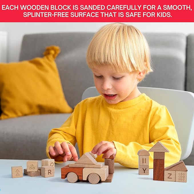 Alphabet Number Early Math Wooden Building Blocks Set - 86 Blocks in 6 Shapes with Wooden Storage Tray. Preschool Montessori Kids Toys. Stacking Learning Toys for Toddlers. Age 3 Years +-CubbioJoy