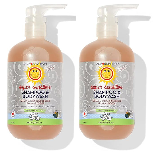 California Baby Super Sensitive Baby Shampoo and Body Wash | 100% Plant-Based | Gentle Fragrance Free Shampoo | Hypoallergenic | 19 Ounce (Pack of 2)-CubbioJoy