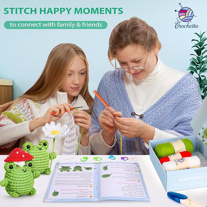 Crochetta Crochet Kit for Beginners, Beginner Crochet Animal Kits for Adults with Step-by-Step Video Tutorials, DIY Knitting & Crocheting Craft Hobbies Supplies, 2 Pack Frog Amigurumi(40%+ Yarn)-CubbioJoy