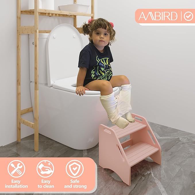 AMBIRD Wooden Step Stool, Two Step Stools Toddler 300 lbs Capacity with Safety Non-Slip Pads and Handles, Bamboo Step Stool for Bathroom, Kitchen Dual Height Step Stools for Kids (Pink)-CubbioJoy