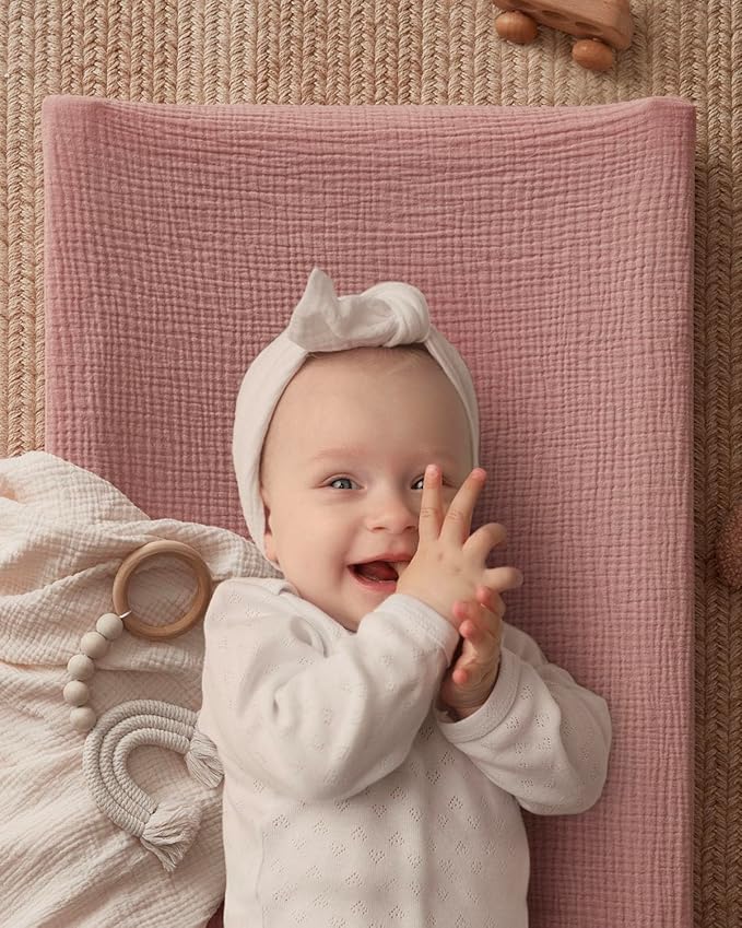 Blissful Diary Muslin Baby Changing Pad with Waterproof Lining Foam, Diaper Changing Table Pad with Cover for Dressers (Dusty Pink, Rectangular)-CubbioJoy