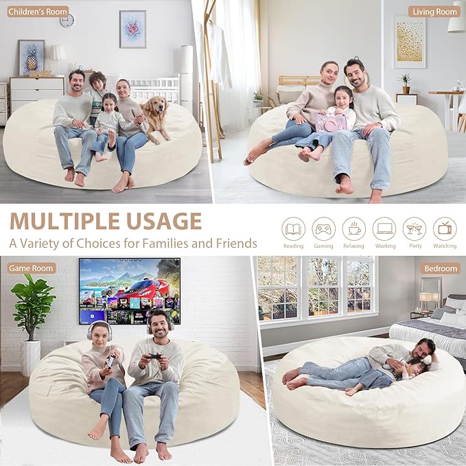 7FT Bean Bag Chair, Large Bean Bag Chairs with Memory Foam Filled, Fluffy Beanbag Sofa with Dutch Velvet Cover, Round BeanBag Chairs for Living Room, Playroom - Beige-CubbioJoy