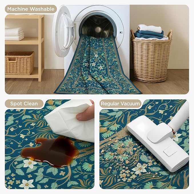 Joydeco Washable Large Area Rug 8x10, Boho Floral Rugs for Living Room Non Slip, Soft Low-Pile Botanical Forest Indoor Floor Throw Carpet for Dining Home Office Playroom, Dark Blue-CubbioJoy