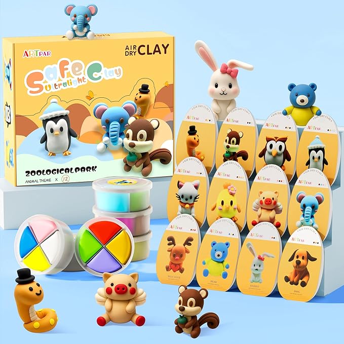 Air Dry Clay Kits for Kids-Modeling Magic Clay,12 Animals DIY Molding Clay Art Crafts Set,Ultra Light & Soft, Safe & Non-Toxic with Sculpting Tools & Tutorials, Unique Gifts for Boys & Girls-CubbioJoy