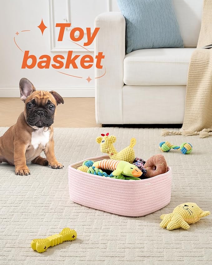 KALLAX Small Woven Basket, 13.5 x 9.5 x 5 Inches, Storage Basket for Organizing, Cute Small Rope Shelf Closet Cube Storage Bins Baskets for Shelves, Dog Toy Gift Baskets Empty, 3 Pack Light Pink-CubbioJoy