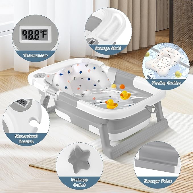 Collapsible Baby Bathtub,Baby Bath Tub with Thermometer & Soft Cushion,Baby Bathtub for Newborn to Toddler 0-36 Months,Portable Travel Baby Tub with No-Slip Feet,Baby Shower Gifts,Grey-CubbioJoy
