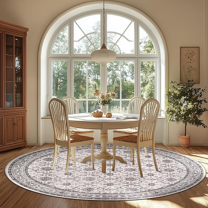 jinchan Round Rug 7ft Washable Circle Soft Rug - Low Pile Vintage 7'Round Indoor Beige Floral Print Stain Resistant Boho Carpet Ultra-Thin Non-Slip for Living Room Bedroom Dining Room Kitchen-CubbioJoy