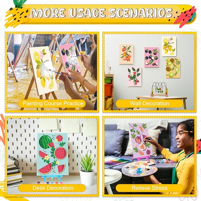 Blosssound 10 Set Pre Printed Canvas Pre Drawn Canvas Painting with Easel Kits 5" x 7" Outline Painting Panels for Beginners, DIY Craft Project, Party Favor, Home Decors(Fruit)-CubbioJoy