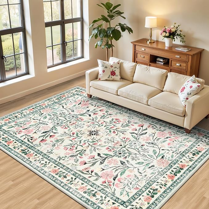 6x9 Area Rugs for Living Room: Floral Washable Rug Vintage Large Soft Boho Non-Slip Carpet Indoor Stain Resistant Thin Carpets for Bedroom Dining Room Farmhouse Nursery Hallway Home Office Green Beige-CubbioJoy