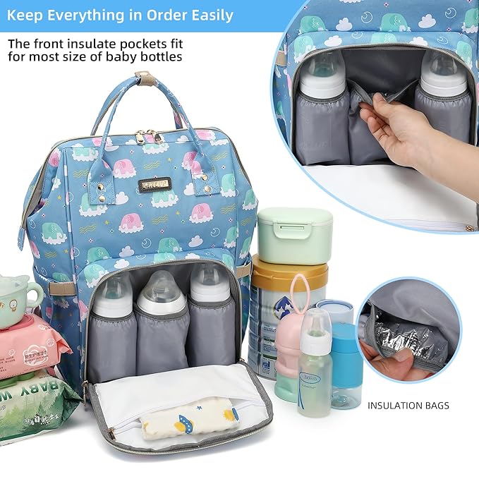 Diaper Bag Backpack, Diaper Bags for Baby Girls Boys, Baby Bags for Moms Dads, Nappy Changing Bag with Insulated Pockets,Multi-functional Waterproof Backpack with Stroller straps-Deep blue elephant-CubbioJoy