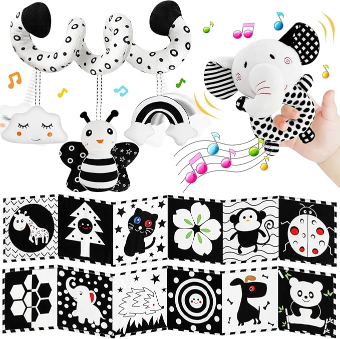 Car Seat Toys for Babies 0-6 Months,Hanging Rattle Toys for Crib Mobile, Baby Spiral Hanging Stroller Black and White High Contrast Toys for Newborn 0 3 6 9 12 Months Baby Boys Girls (Set-1)-CubbioJoy