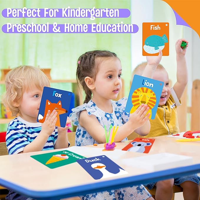 50 PCS Kid First Cognitive Flashcards,Double Sided Printed 7 in 1 Colorful Cards Alphabet,Numbers, Foods,Animals,Shapes,Colors with 3 Reclosable Rings,Learning Tool for Pre-K Kindergarten Toddlers-CubbioJoy