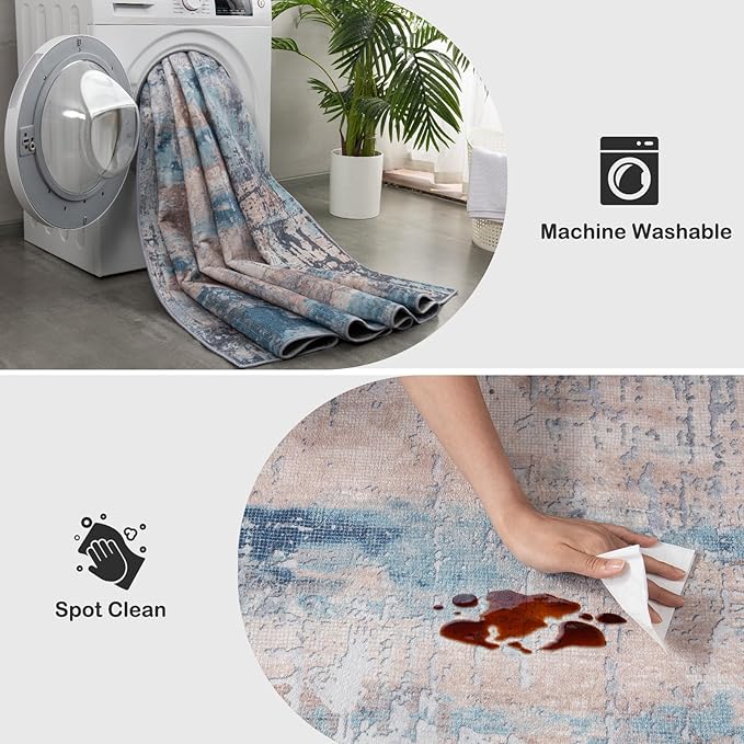 Area Rug Living Room Rug, 4x6 Modern Abstract Washable Rug Beige Blue Non Slip Foldable Faux Wool Vintage Carpet, Fluffy Non-Shedding Rugs for Living Room, Bedroom, Dining Room, Kids Playroom-CubbioJoy