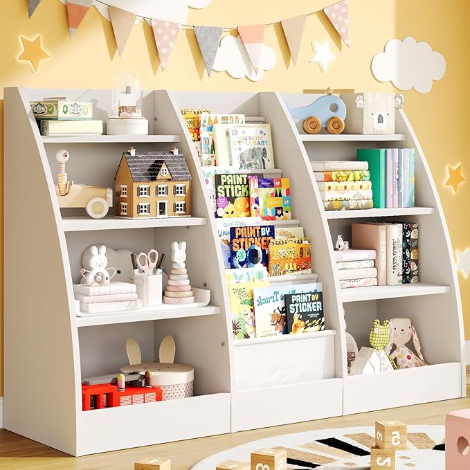 4 Tier Kids Bookshelf, 4 Layer Sling Kids Book Shelf for Kids Rooms, XXL Wood Children Bookcase,Baby Storage Book Rack,Toddler Bookshelf, Book and Toy Organizer,Book Display Shelf for Bedroom, Nursery-CubbioJoy