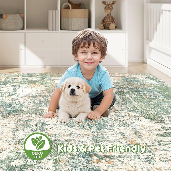 Area Rugs 9x12 Living Room: Washable Large Abstract Soft Green Rug Stain Resistant Indoor Floor Non-Slip Accent Carpet for Men Modern Home Enthusiasts Aged 25-45 - Bedroom Office Playroom-CubbioJoy