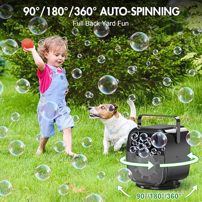 5000mAh Rechargeable Bubble Machine, 90°/180°/360° Auto Rotation, 3 Speeds, Automatic Bubble Blower for Parties, Weddings, Getherings Indoor Outdoor, Bubble Maker Toy for Toddlers, Kids, Pets-CubbioJoy
