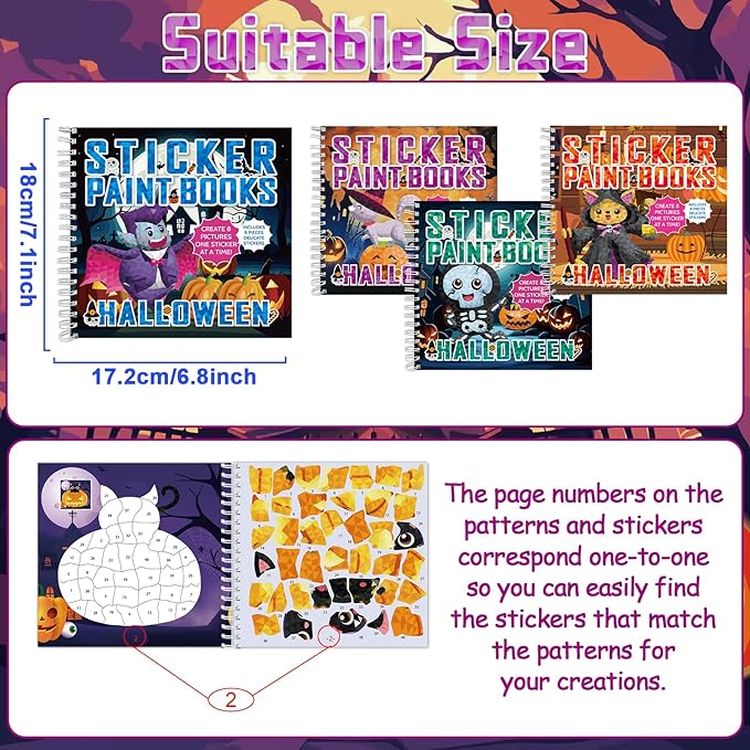4Pcs Halloween Paint by Sticker Books for Kids Ages 4-8 Halloween Pumpkin Ghost Witch Sticker by Number Books Activity Book for Kids Puzzle Book Craft Art Gift Holiday Party Favors Create 32 Pictures-CubbioJoy