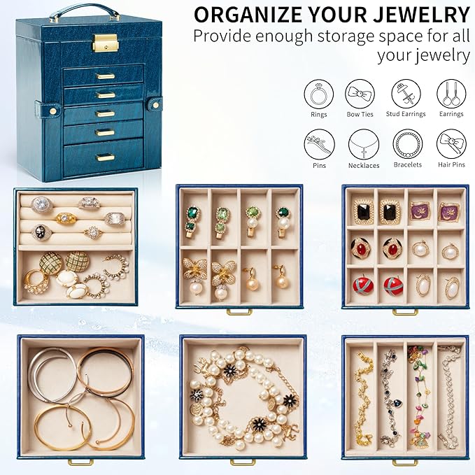 AKOZLIN 6-Tier Jewelry Box Lockable Leather Jewelry Storage Case with 5 Drawers for Women Girls Ring Necklace Earring Bracelet Holder Organizer with Mirror Blue-CubbioJoy