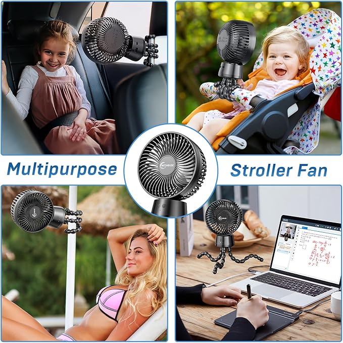 20000mAh Portable Stroller Fan, 120° Auto Oscillation, 3-IN-1 with Power Bank LED Light Detachable Flexible Tripod Rechargeable Battery Powered Clip On Fans Desk for Baby Crib Car Seat Travel-CubbioJoy