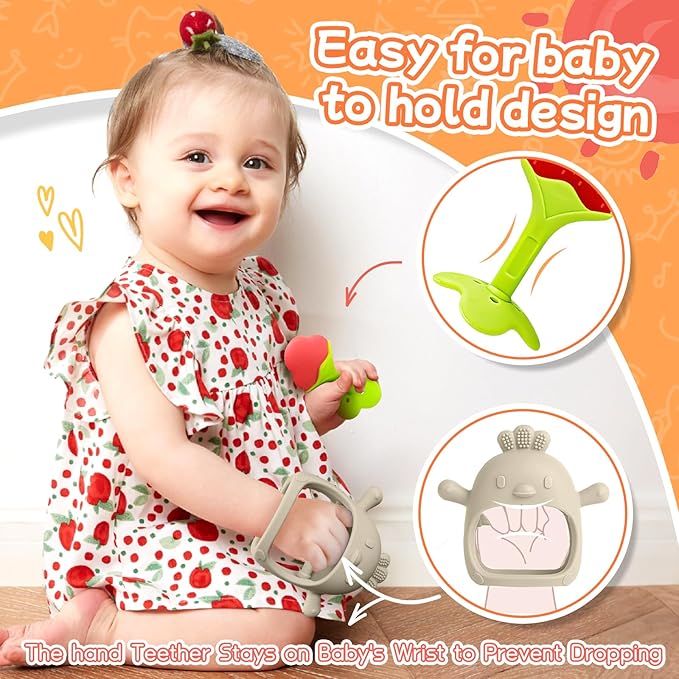 5 Packs Baby Teething Toys for Babies Over 3 Months, Food Grade Silicone Teething Mitten, Anti Dropping Wrist Hand Teethers Baby Chew Toys for Sucking Needs, BPA Free (Caramel)-CubbioJoy