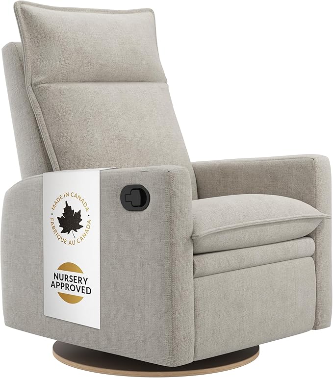 Arya Modern Nursery Glider Recliner Chair – Cozy Nursing Chair with 360° Swivel for New Parents, Gentle Motion, Compact Design, High Back & Low Armrests, Canadian Made (Driftwood/Breather Fabric)-CubbioJoy