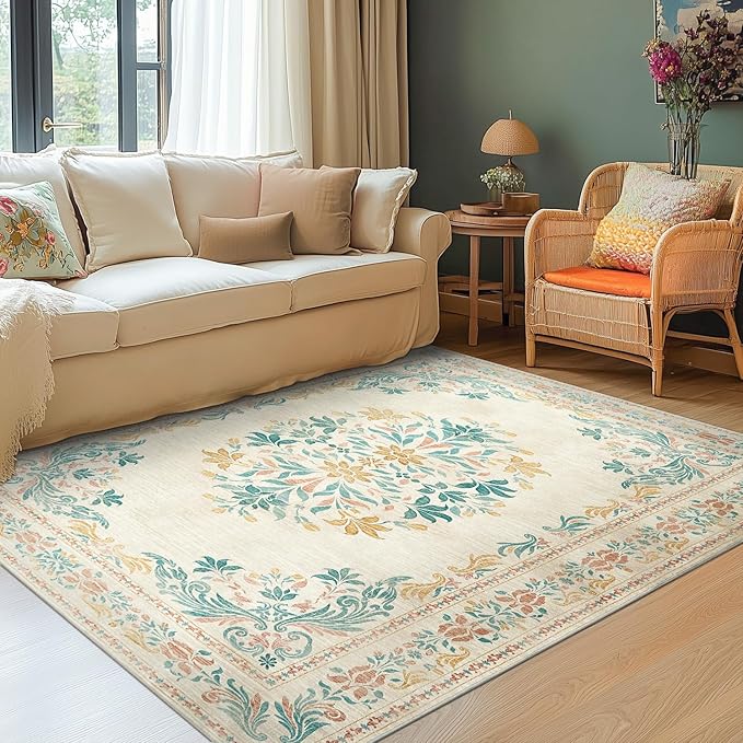 jinchan Floral 5x7 Area Rugs for Nursery - Machine Washable Vintage Distressed Design Soft Ultra-Thin Low-Pile Non-Slip Kids Carpet for Bedroom Living Room Dining Room Home Office (5x7ft,Apricot)-CubbioJoy