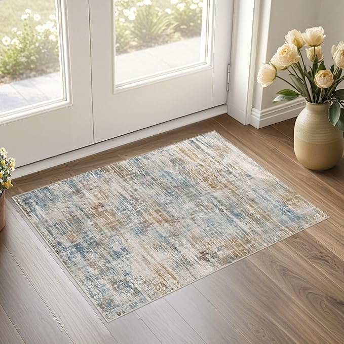 2x3 Entryway Area Rugs: Washable Neutral Abstract Small Rug Door Mat Non-Slip Soft Low Pile Indoor Carpe for Entrance Kitchen Front Door Bathroom Entry Kids Room - Blue Brown-CubbioJoy
