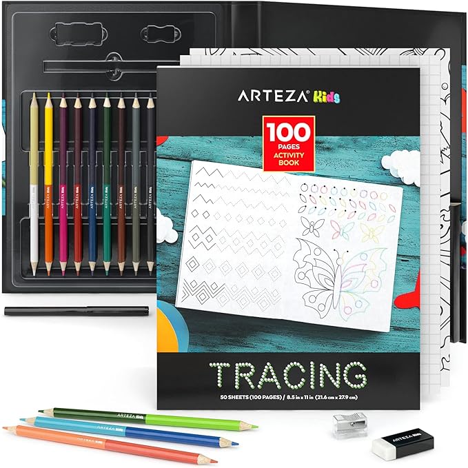 ARTEZA Kids Tracing Activity Book – 50 Double-Sided Sheets, Colored Pencils, Marker, Eraser & Sharpener – Art Kit for Ages 6 and Up-CubbioJoy