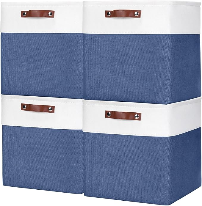 13x13 Cube Storage Bins, Collapsible Fabric Storage Box, 4 Pack Closet Baskets with Handles for Organizing, Shelf, Toys, Clothes, Home, Office, Nursery (NavyBlue&White)-CubbioJoy
