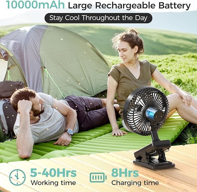 7-Inch Clip On Fan,10000mAh Rechargeable Battery Operated Desk Fan,Auto Oscillation Stroller Fan,Max 40Hrs Cooling,4 Speeds Table Fan with Sturdy Clamp for Golf Cart Office Treadmill Travel Outdoor-CubbioJoy