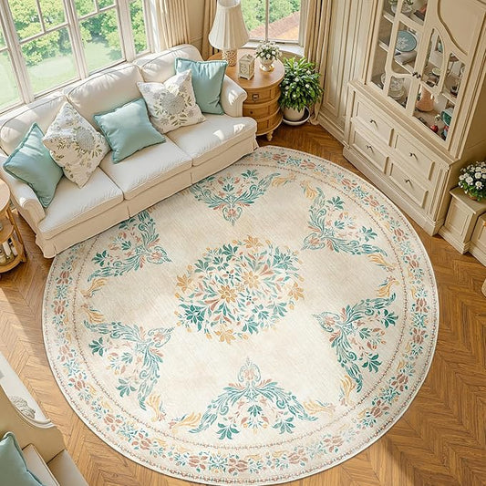 jinchan Round Rug 7ft Area Rugs,Vintage Floral Distressed Design Machine Washable Soft Non-Slip Low-Pile Ultra-Thin Circle Rug for Living Room Dining Room Bedroom Home Office (7' Round,Apricot Multi)-CubbioJoy