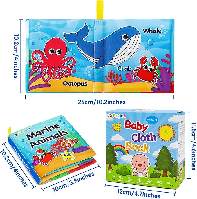 Dr.Rapeti Soft Cloth Books Baby Books Bath Books 8-Pack for Baby Infant Toddler Kid Crinkle Washable Chewable Early Educational Preschool Learning Giftable-CubbioJoy