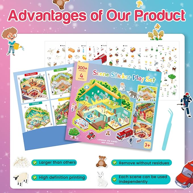 3D Sticker Scene Play Set – 4 Scenes with 300+ Stickers, Reusable Sticker Book, Waterproof Stickers for Kids & Adults-CubbioJoy