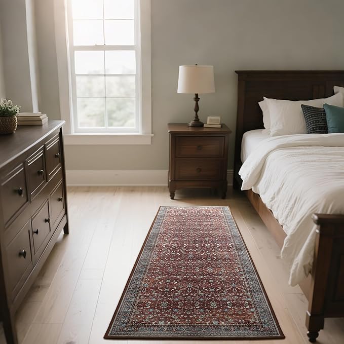 2x6 Washable Kitchen Runner Rug for Hallways, Non Slip Laundry Runners for Bathroom, Low Pile Rubber Backed Rugs for Entryway, Vintage Floral Carpet for Living Room Bedroom Brick Red-CubbioJoy