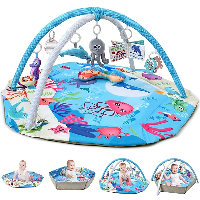 Baby Gym Play Mat, 8-in-1 Tummy Time Mat & Activity Gym, Washable Ball Pit, Infant Play Mat with Detachable Toys for Sensory Exploration and Motor Skill Development-CubbioJoy
