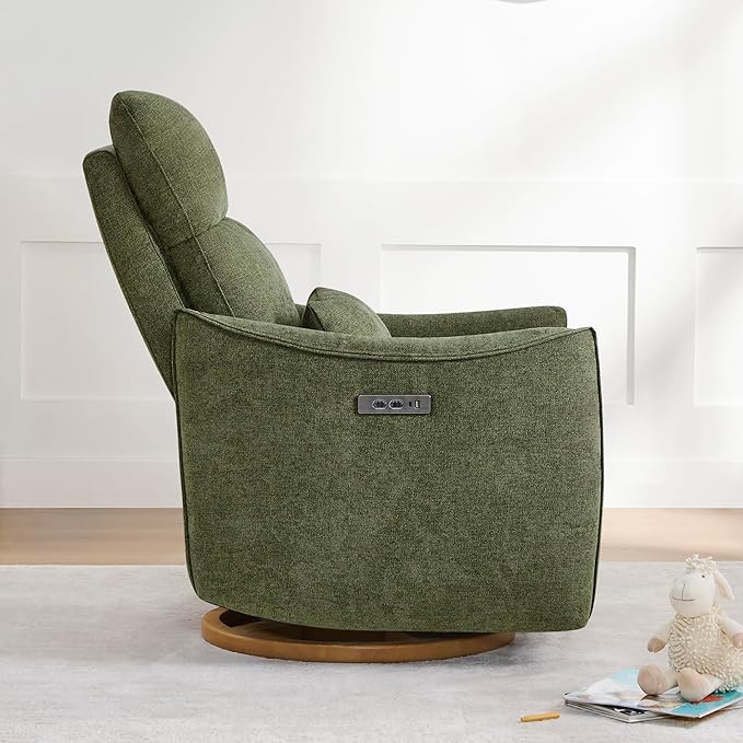 CHITA Swivel Rocker Recliner Chair, Power Nursery Glider Recliner, Nursery Rocking Chair with Adjustable Power Headrest, FSC Certified, Solid Wood Base, Moss Green-CubbioJoy
