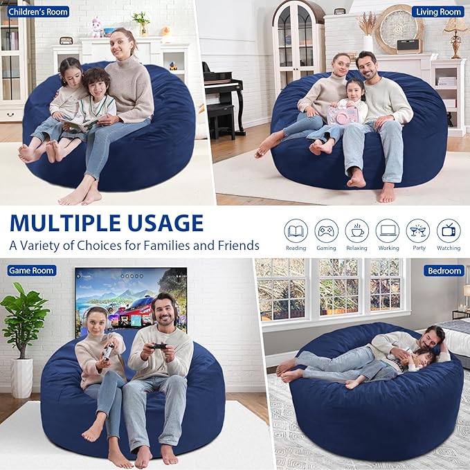 5FT Bean Bag Chair, Large Bean Bag Chairs with Memory Foam Filled, Fluffy Beanbag Sofa with Dutch Velvet Cover, Round BeanBag Chairs for Living Room, Playroom - Blue-CubbioJoy