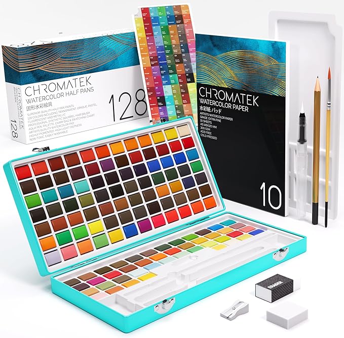 CHROMATEK Watercolor Paint Set – 128 Vibrant Colors for Artists & Beginners with Palette – Includes Metallic, Fluorescent, Pastel & Opaque Shades, Brushes, Pad, Swatch Sheets & Travel Case-CubbioJoy