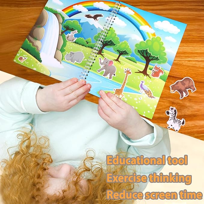 Jelly Sticker Book for Kids 2-4 Travel Essentials, Reusable Sticker Book + 8 Scenes + 2 Matching Games + 51 Large Animal Stickers for 1-3 Toddler Activities (Animals)-CubbioJoy