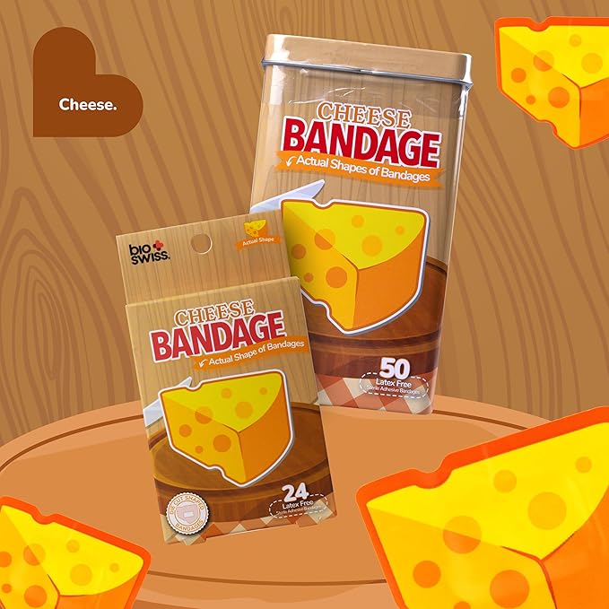 BioSwiss Bandages, Cheese Shaped Self Adhesive Bandage, Latex Free Wound Care, Fun First Aid Kit Supplies for Kids and Adults, 50 Count-CubbioJoy